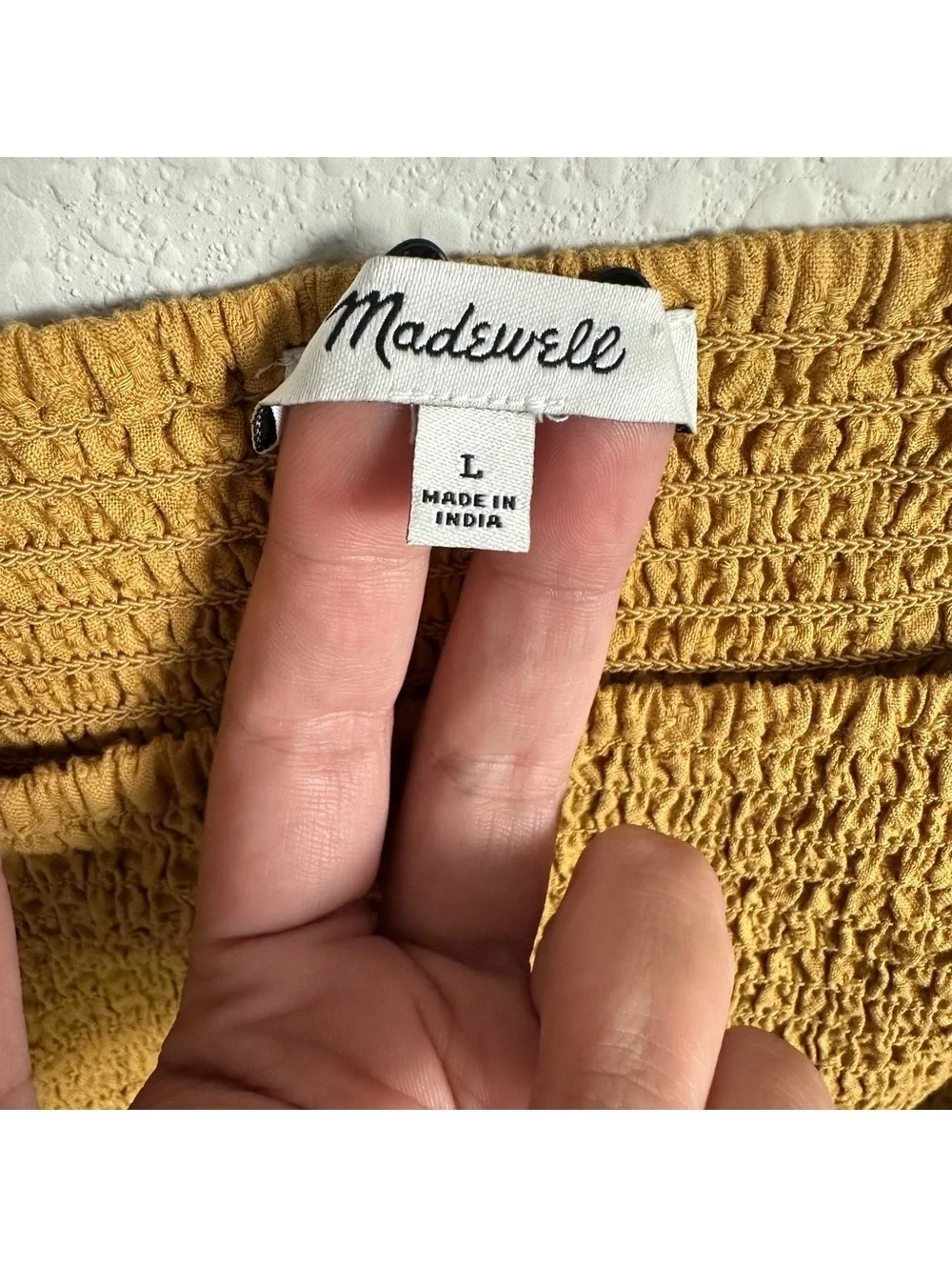 MADEWELL Large Lucie Puff Sleeve Smocked Bodice Top in mustard yellow